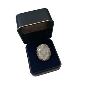 Vintage faceted oval moonstone clear crystals surround Gold tone Ring size 7
